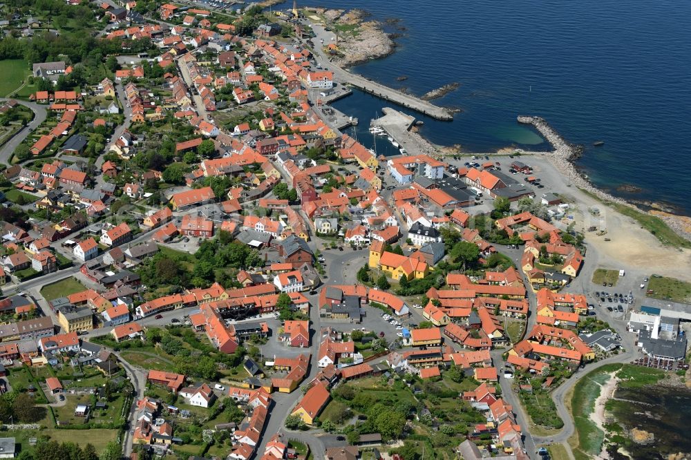 Allinge from above - Townscape on the seacoast of Baltic Sea on Bornholm Island in Allinge in Region Hovedstaden, Denmark