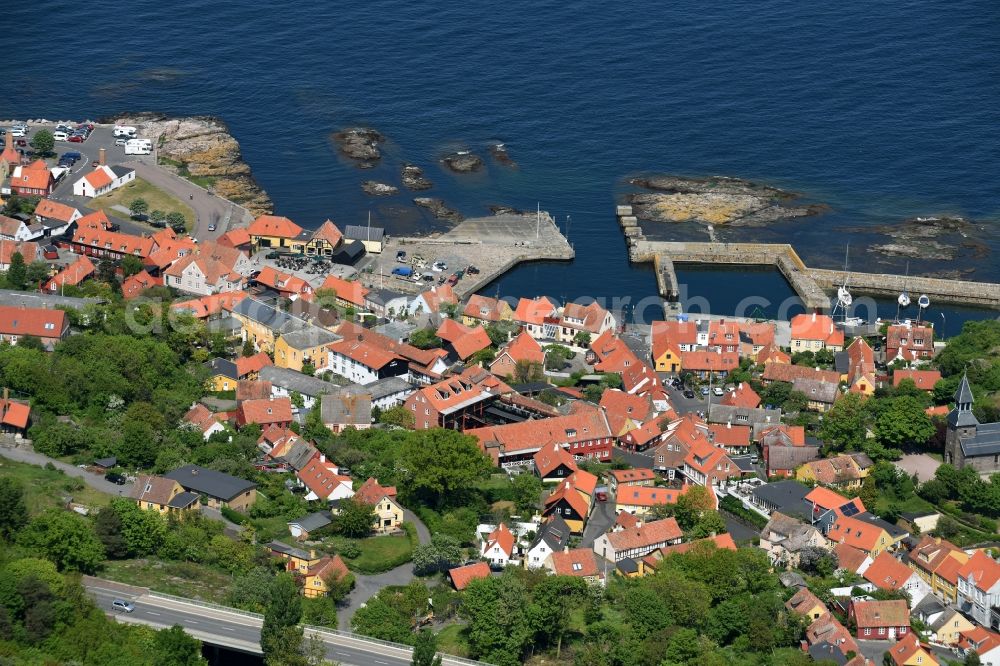 Aerial image Gudhjem - Townscape on the seacoast of Baltic Sea on Bornholm Island in Gudhjem in Region Hovedstaden, Denmark