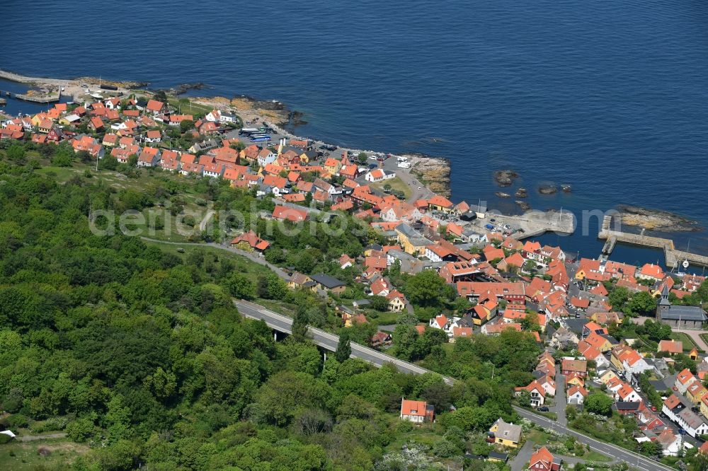 Aerial image Gudhjem - Townscape on the seacoast of Baltic Sea on Bornholm Island in Gudhjem in Region Hovedstaden, Denmark