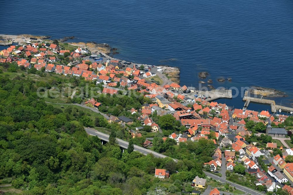 Gudhjem from above - Townscape on the seacoast of Baltic Sea on Bornholm Island in Gudhjem in Region Hovedstaden, Denmark