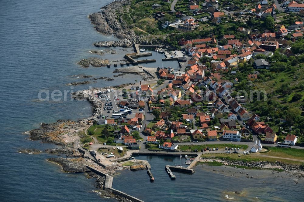 Gudhjem from above - Townscape on the seacoast of Baltic Sea on Bornholm Island in Gudhjem in Region Hovedstaden, Denmark