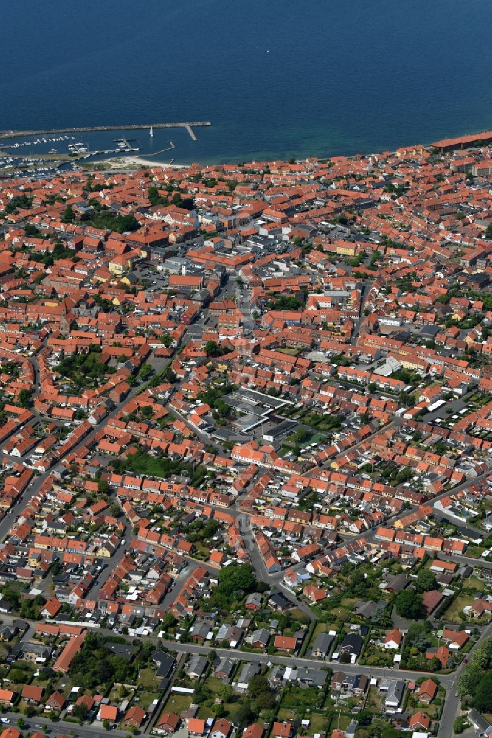 Ronne - Insel Bornholm from above - Townscape on the seacoast of Baltic Sea in Ronne - Bornholm Island in Region Hovedstaden, Denmark