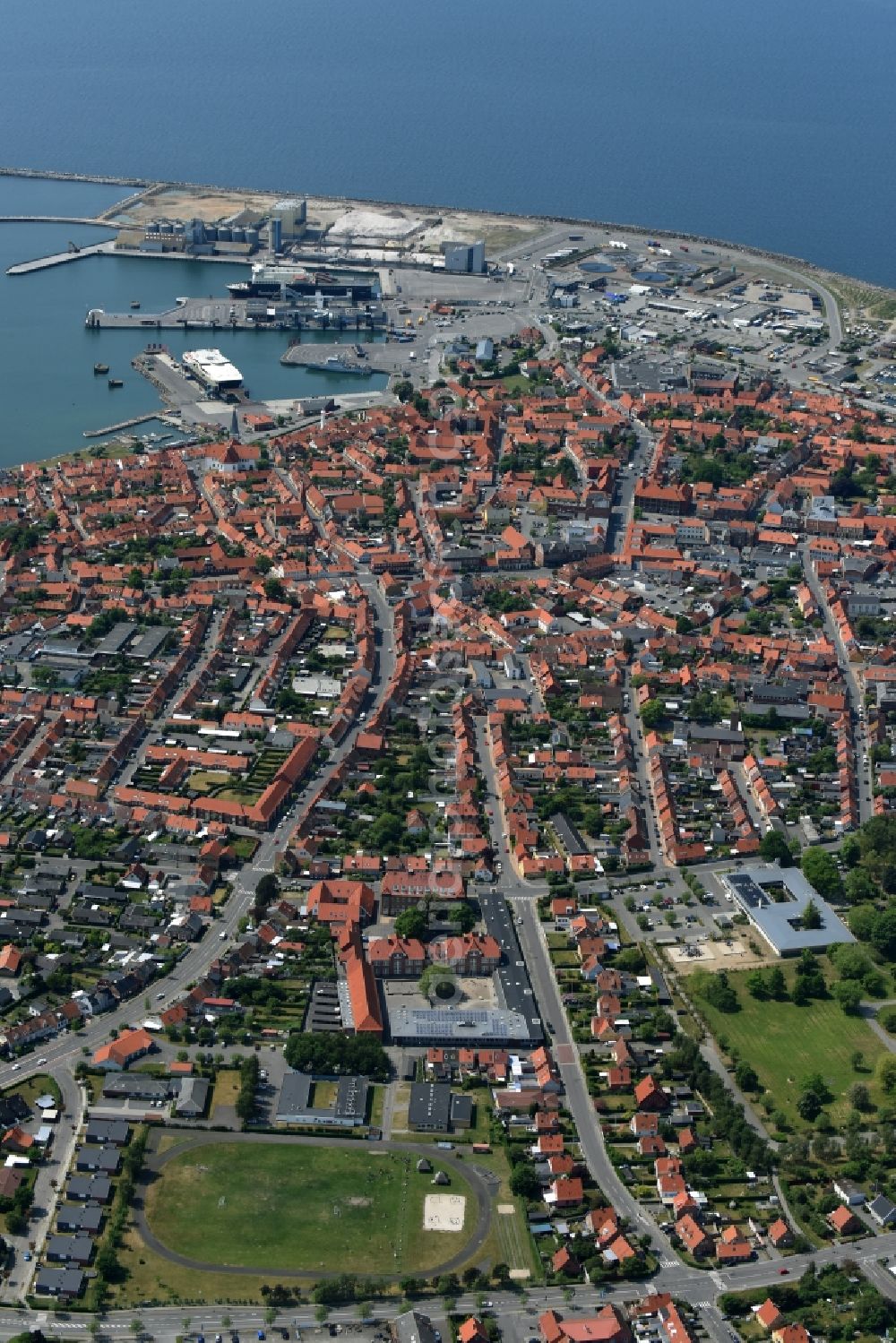 Ronne - Insel Bornholm from above - Townscape on the seacoast of Baltic Sea in Ronne - Bornholm Island in Region Hovedstaden, Denmark