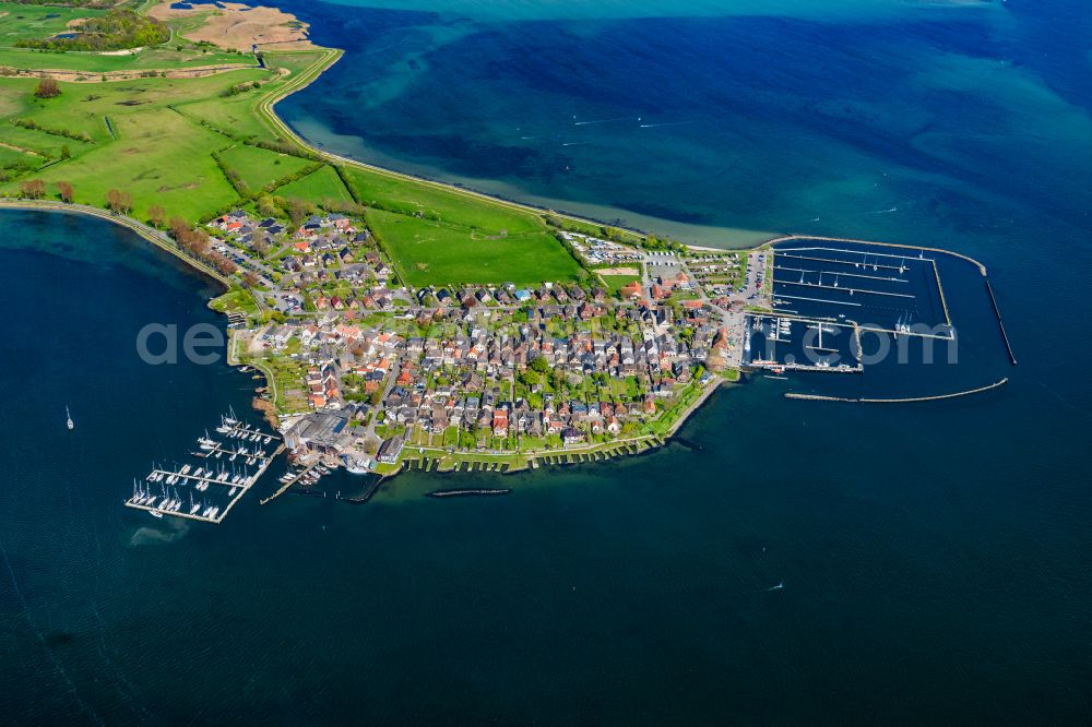 Maasholm from the bird's eye view: Town view with the sailing ports on the seashore of the Baltic Sea in Maasholm in the state of Schleswig-Holstein