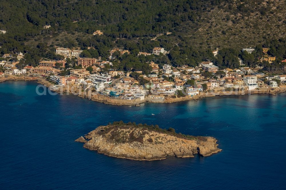 Sant Elm from the bird's eye view: Townscape on the seacoast in Sant Elm in Balearische Insel Mallorca, Spain