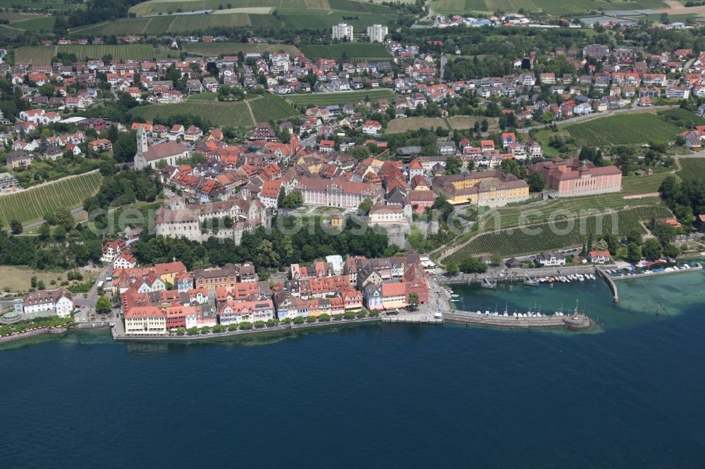 Meersburg from above - Meersburg in the state of Baden-Wurrtemberg with the lake promenade, the harbor, the New Palace and the State Winery