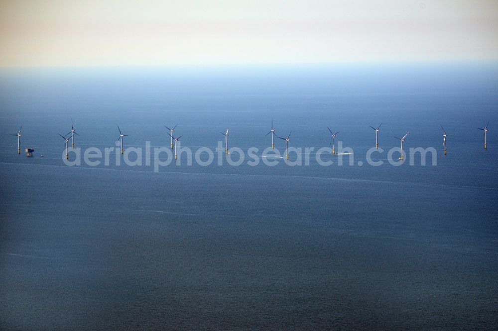 Borkum from above - Several wind turbine windmills by Trianel Windkraftwerk Borkum GmbH & Co. KG in the North Sea near Borkum in Lower Saxony