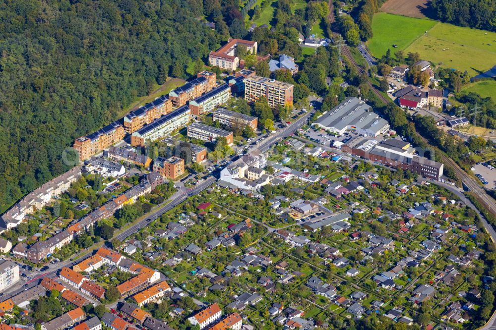 Düsseldorf from above - Multi-family residential complex Gerresheimer Gaerten of Interhomes AG in the district of Stadtbezirk 7 in Duesseldorf in the federal state of North Rhine-Westphalia