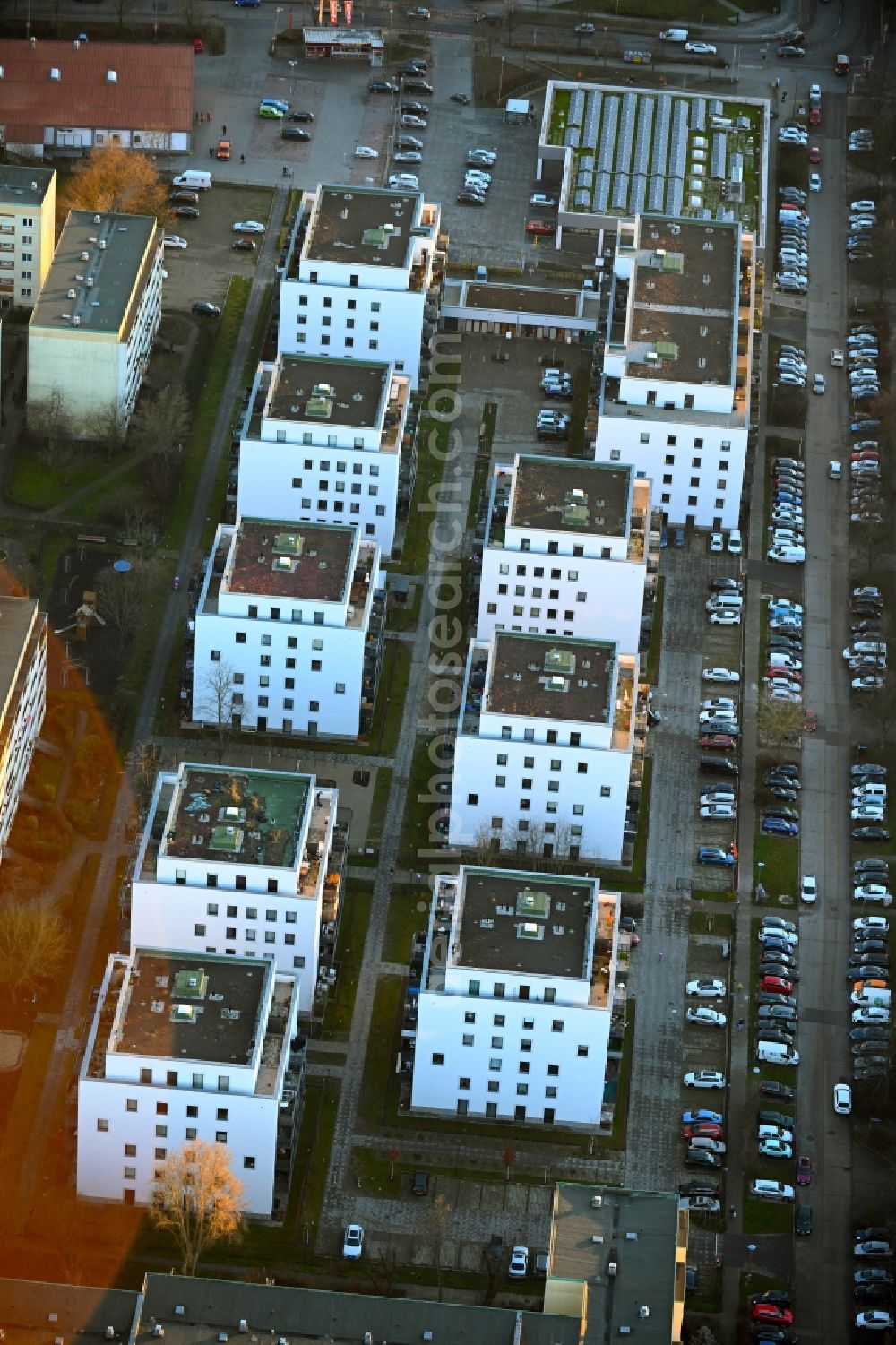 Berlin from the bird's eye view: Multi-family residential complex along the Tangermuender Strasse in the district Hellersdorf in Berlin, Germany