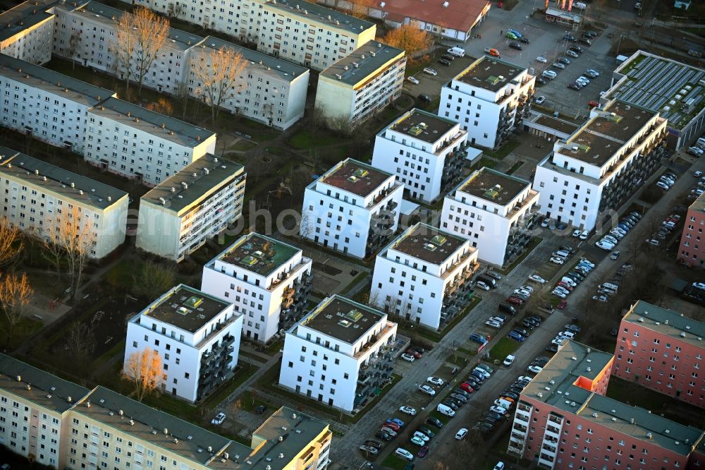 Berlin from the bird's eye view: Multi-family residential complex along the Tangermuender Strasse in the district Hellersdorf in Berlin, Germany