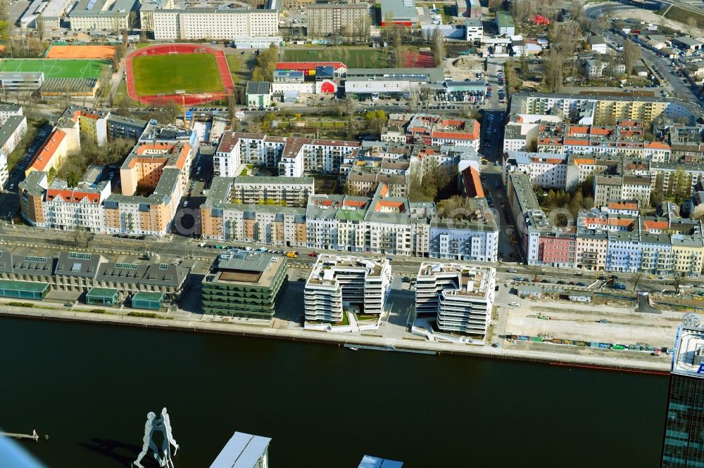 Berlin from above - Multi-family residential complex WAVE WATERSIDE LIVING BERLIN on the former Osthafen port on Stralauer Allee in the district Friedrichshain in Berlin, Germany