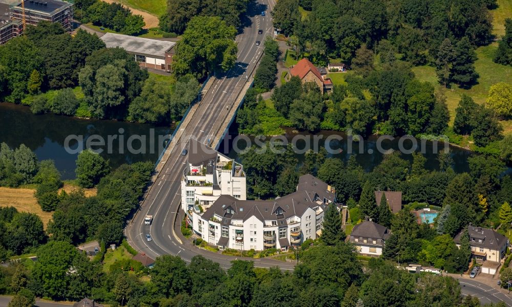 Aerial image Witten - Residential apartment building complex on the riverbank of the Ruhr on Ruhrstrasse in Witten in the state of North Rhine-Westphalia