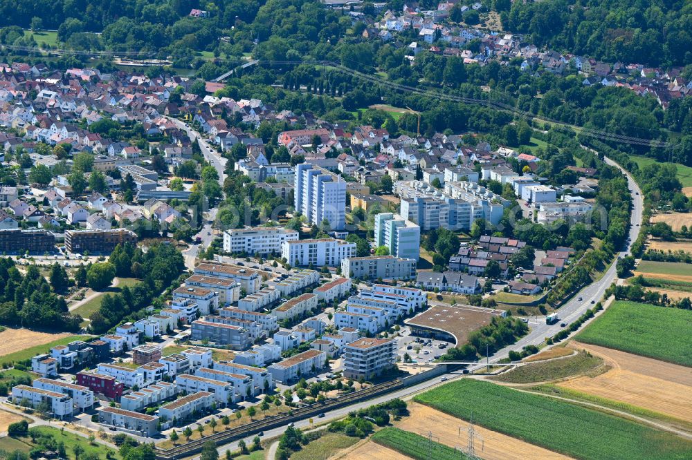 Aerial image Neckarweihingen - Residential area of a multi-family house settlement on Hauptstrasse in Neckarweihingen in the state Baden-Wuerttemberg, Germany
