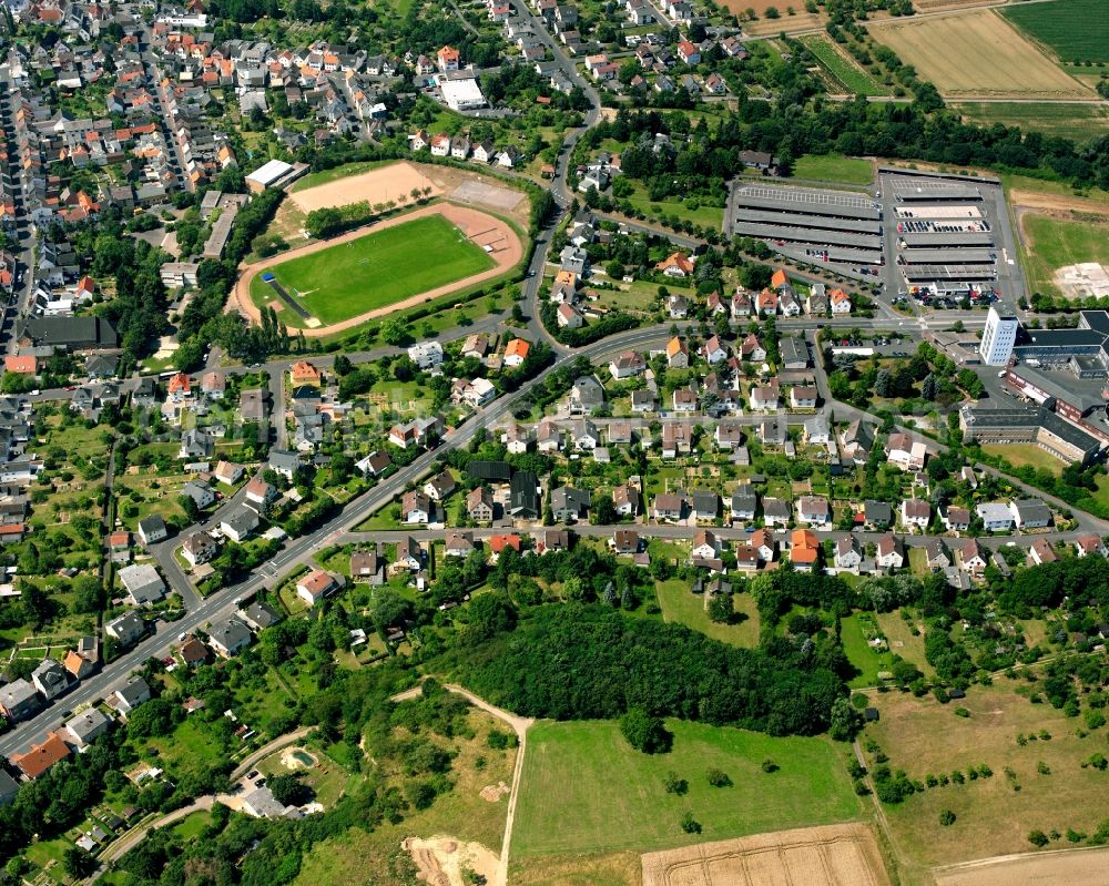 Aerial image Heuchelheim - Residential area of a multi-family house settlement in Heuchelheim in the state Hesse, Germany