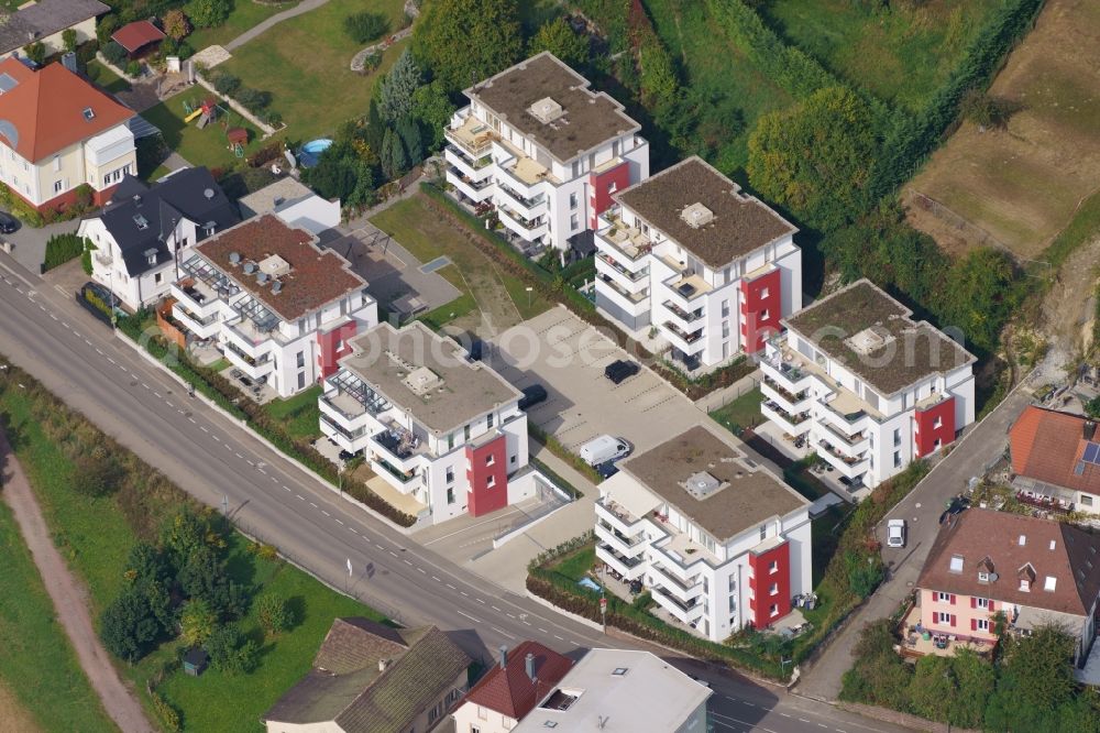 Ettenheim from the bird's eye view: Residential area of a multi-family house settlement Otto Stoelker Strasse in Ettenheim in the state Baden-Wuerttemberg, Germany