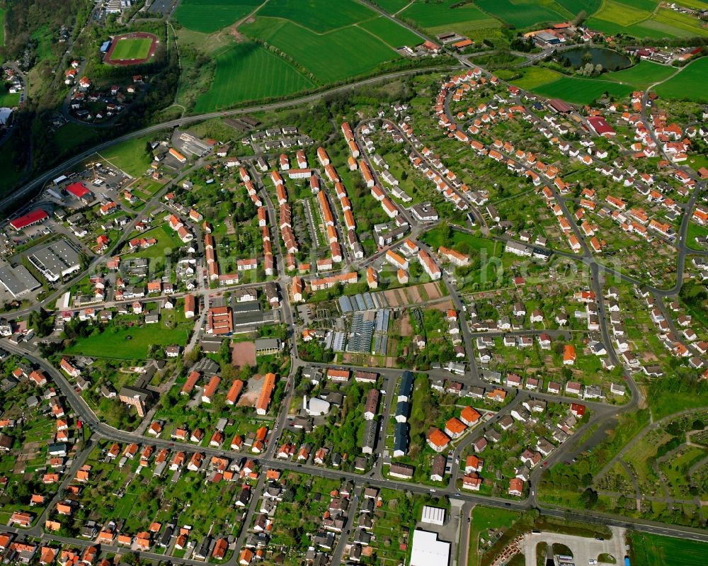 Petersberg from the bird's eye view: Residential area of a multi-family house settlement in Petersberg in the state Hesse, Germany