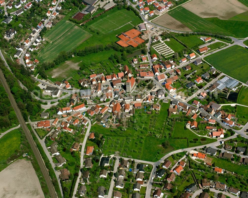 Sachsen bei Ansbach from the bird's eye view: Residential area of a multi-family house settlement in Sachsen bei Ansbach in the state Bavaria, Germany