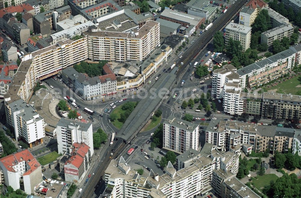 Berlin from above - Blocks of flats on the train - station Kottbusser Tor in Berlin-Kreuzberg