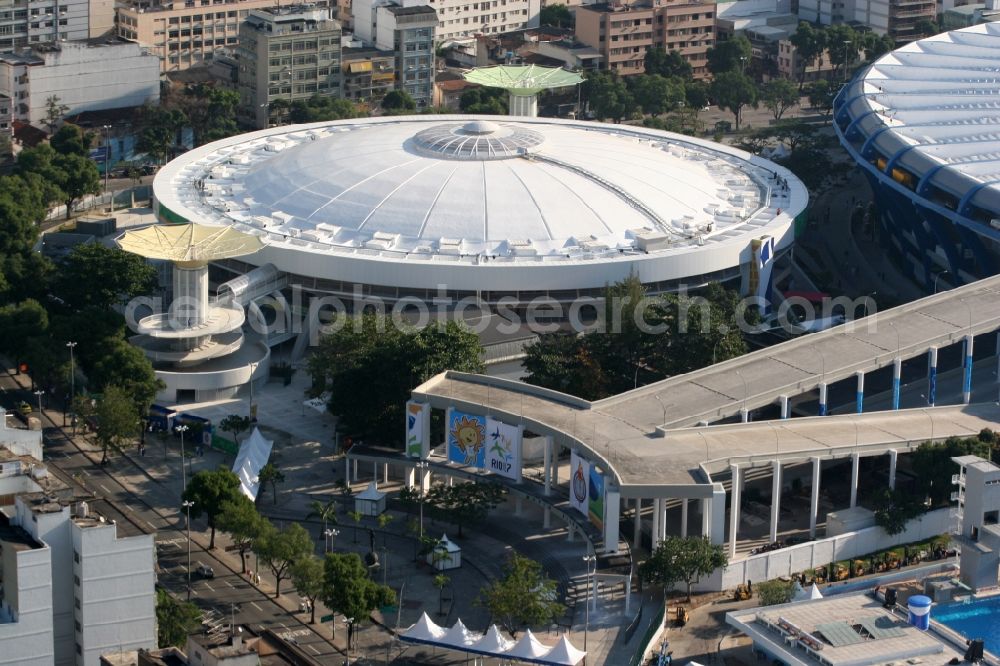 Aerial photograph Rio de Janeiro - Multi-purpose hall Ginasio do Maracanazinho / Ginasio Gilberto Cardoso next to the stadium Estadio do Maracana and the water park Parque Aquatico Julio Delamare in Rio de Janeiro in Brazil. The arena is serving as the venue for the volleyball competitions at the 2016 Summer Olympics in Rio de Janeiro in Brazil