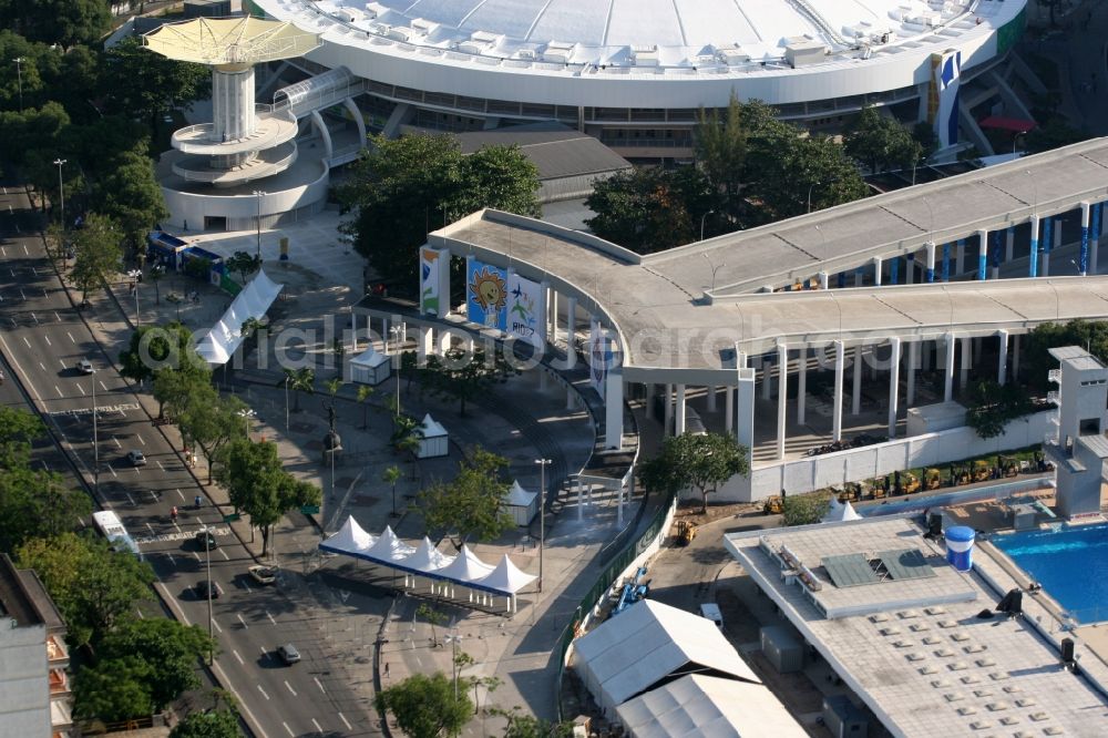 Rio de Janeiro from above - Multi-purpose hall Ginasio do Maracanazinho / Ginasio Gilberto Cardoso next to the stadium Estadio do Maracana and the water park Parque Aquatico Julio Delamare in Rio de Janeiro in Brazil. The arena is serving as the venue for the volleyball competitions at the 2016 Summer Olympics in Rio de Janeiro in Brazil