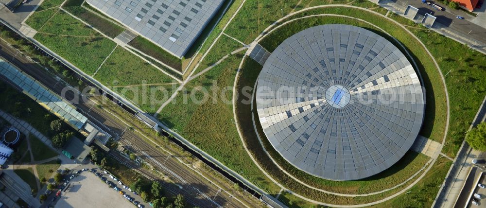 Aerial image Berlin - View to the Velodrome at the Landsberger Allee in the Berlin district Prenzlauer Berg. The Velodrome is one of the largest event halls of Berlin and is used for sport events, concerts and other events