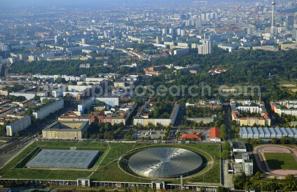 Berlin from above - View to the Velodrome at the Landsberger Allee in the Berlin district Prenzlauer Berg. The Velodrome is one of the largest event halls of Berlin and is used for sport events, concerts and other events