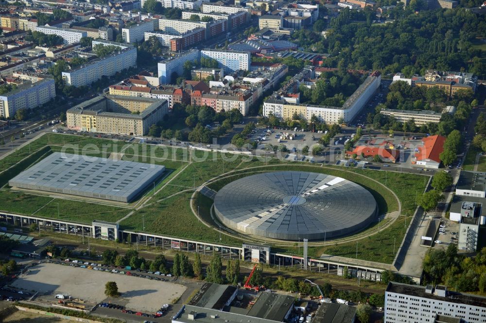 Berlin from the bird's eye view: View to the Velodrome at the Landsberger Allee in the Berlin district Prenzlauer Berg. The Velodrome is one of the largest event halls of Berlin and is used for sport events, concerts and other events