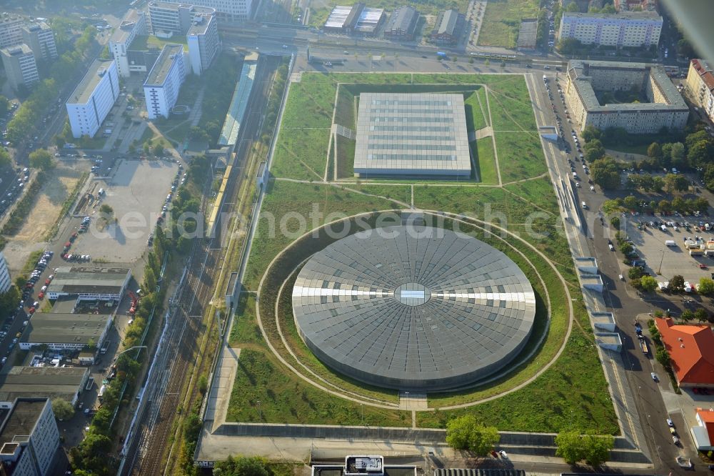 Aerial image Berlin - View to the Velodrome at the Landsberger Allee in the Berlin district Prenzlauer Berg. The Velodrome is one of the largest event halls of Berlin and is used for sport events, concerts and other events