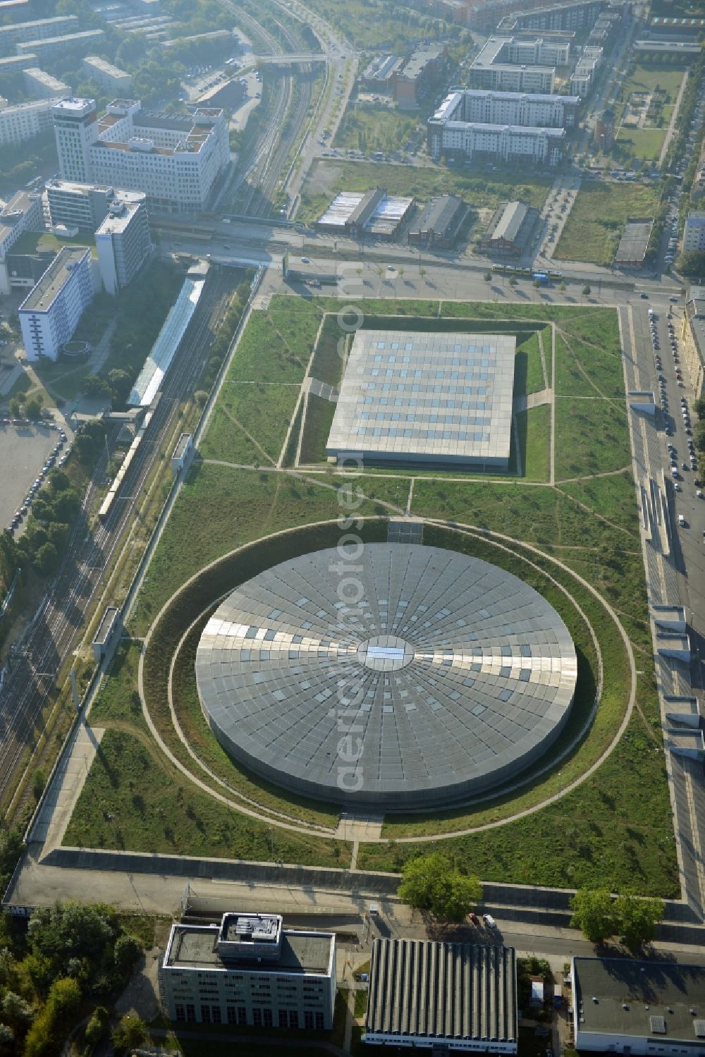 Aerial photograph Berlin - View to the Velodrome at the Landsberger Allee in the Berlin district Prenzlauer Berg. The Velodrome is one of the largest event halls of Berlin and is used for sport events, concerts and other events