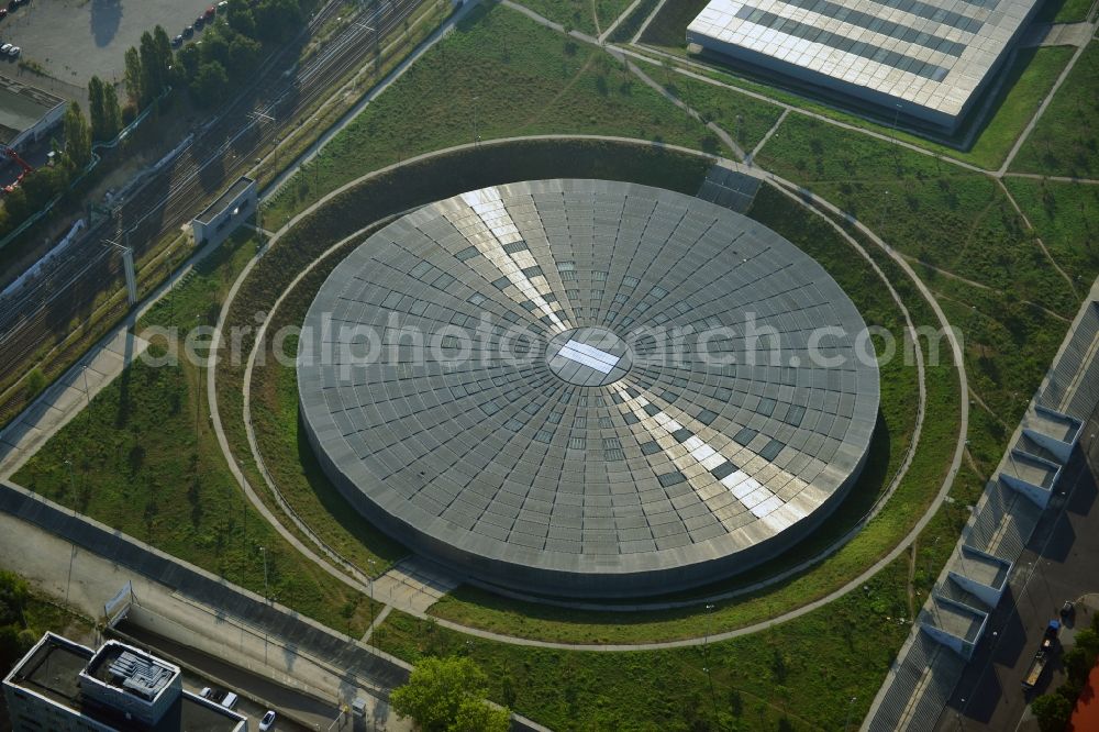 Berlin from above - View to the Velodrome at the Landsberger Allee in the Berlin district Prenzlauer Berg. The Velodrome is one of the largest event halls of Berlin and is used for sport events, concerts and other events