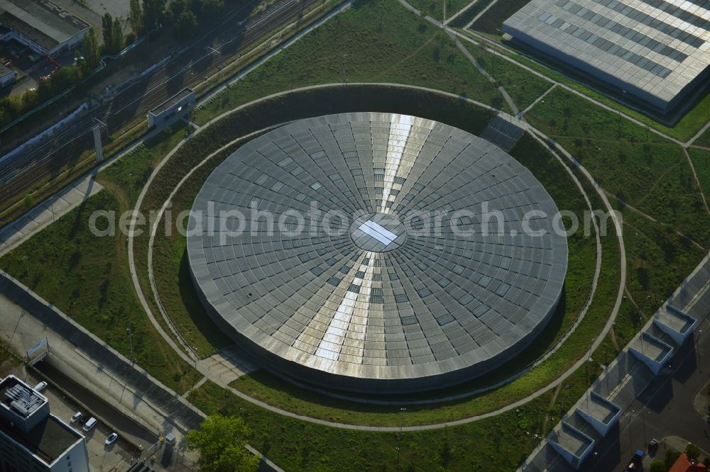 Berlin from the bird's eye view: View to the Velodrome at the Landsberger Allee in the Berlin district Prenzlauer Berg. The Velodrome is one of the largest event halls of Berlin and is used for sport events, concerts and other events