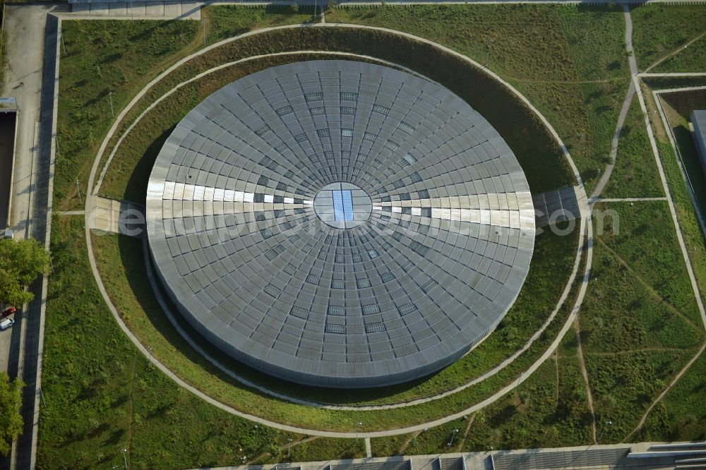 Aerial image Berlin - View to the Velodrome at the Landsberger Allee in the Berlin district Prenzlauer Berg. The Velodrome is one of the largest event halls of Berlin and is used for sport events, concerts and other events