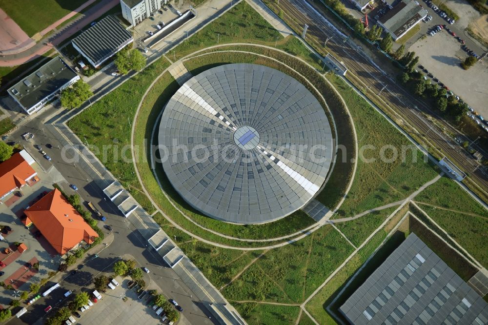 Berlin from above - View to the Velodrome at the Landsberger Allee in the Berlin district Prenzlauer Berg. The Velodrome is one of the largest event halls of Berlin and is used for sport events, concerts and other events