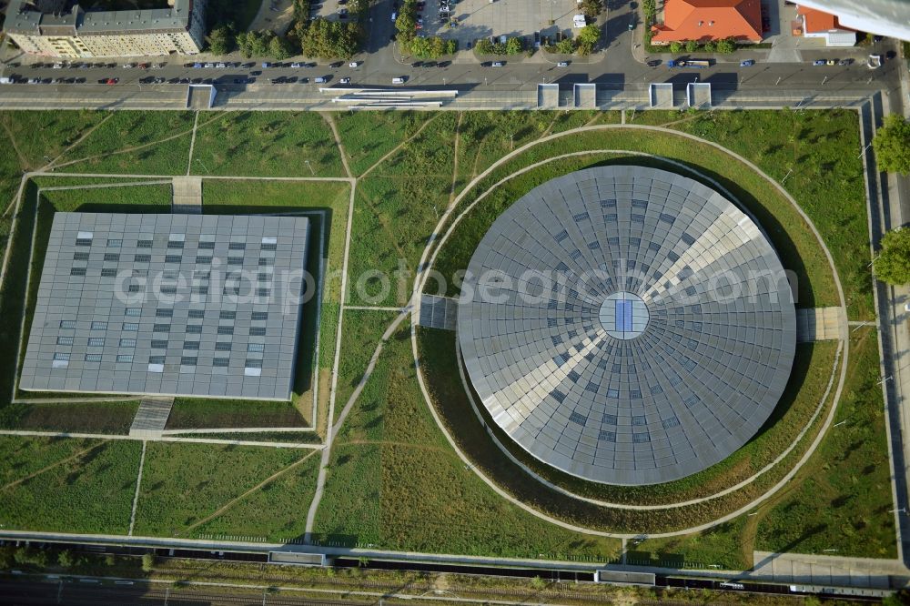 Aerial image Berlin - View to the Velodrome at the Landsberger Allee in the Berlin district Prenzlauer Berg. The Velodrome is one of the largest event halls of Berlin and is used for sport events, concerts and other events