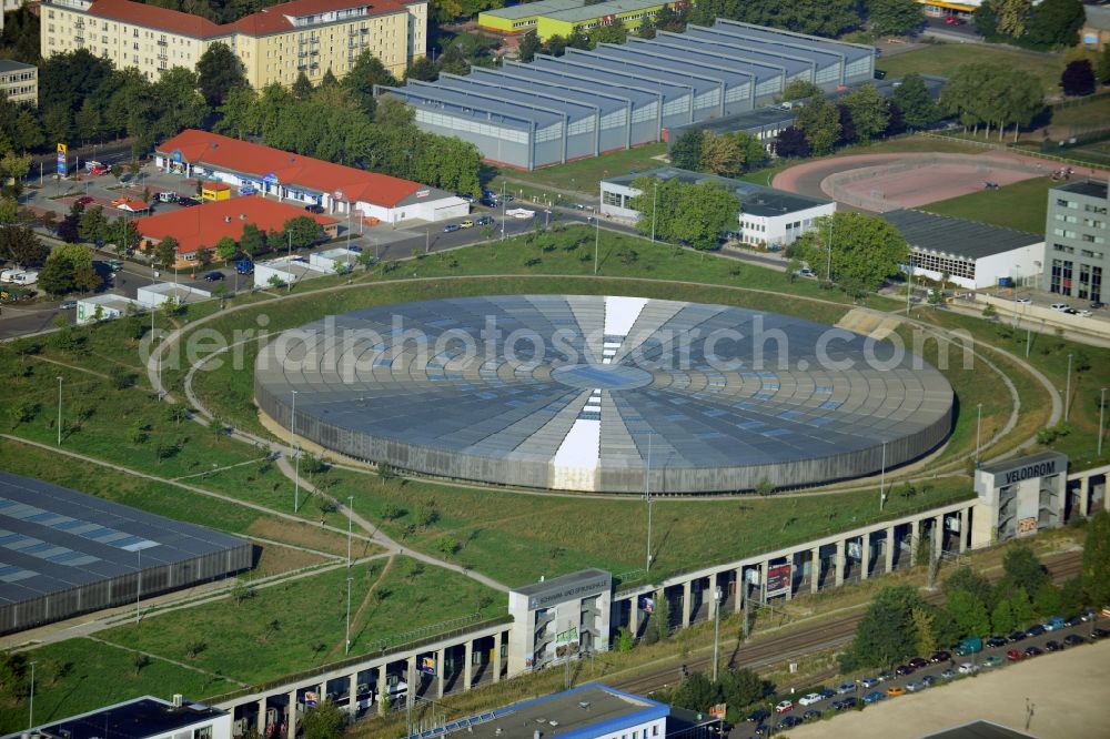 Aerial photograph Berlin - View to the Velodrome at the Landsberger Allee in the Berlin district Prenzlauer Berg. The Velodrome is one of the largest event halls of Berlin and is used for sport events, concerts and other events