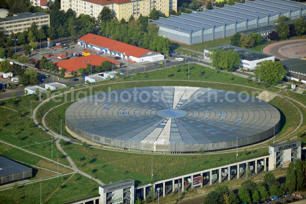 Berlin from above - View to the Velodrome at the Landsberger Allee in the Berlin district Prenzlauer Berg. The Velodrome is one of the largest event halls of Berlin and is used for sport events, concerts and other events