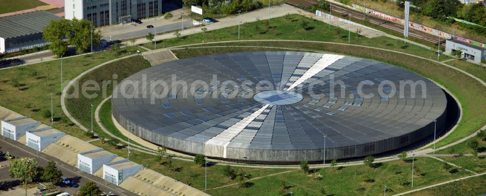 Aerial image Berlin - View to the Velodrome at the Landsberger Allee in the Berlin district Prenzlauer Berg. The Velodrome is one of the largest event halls of Berlin and is used for sport events, concerts and other events