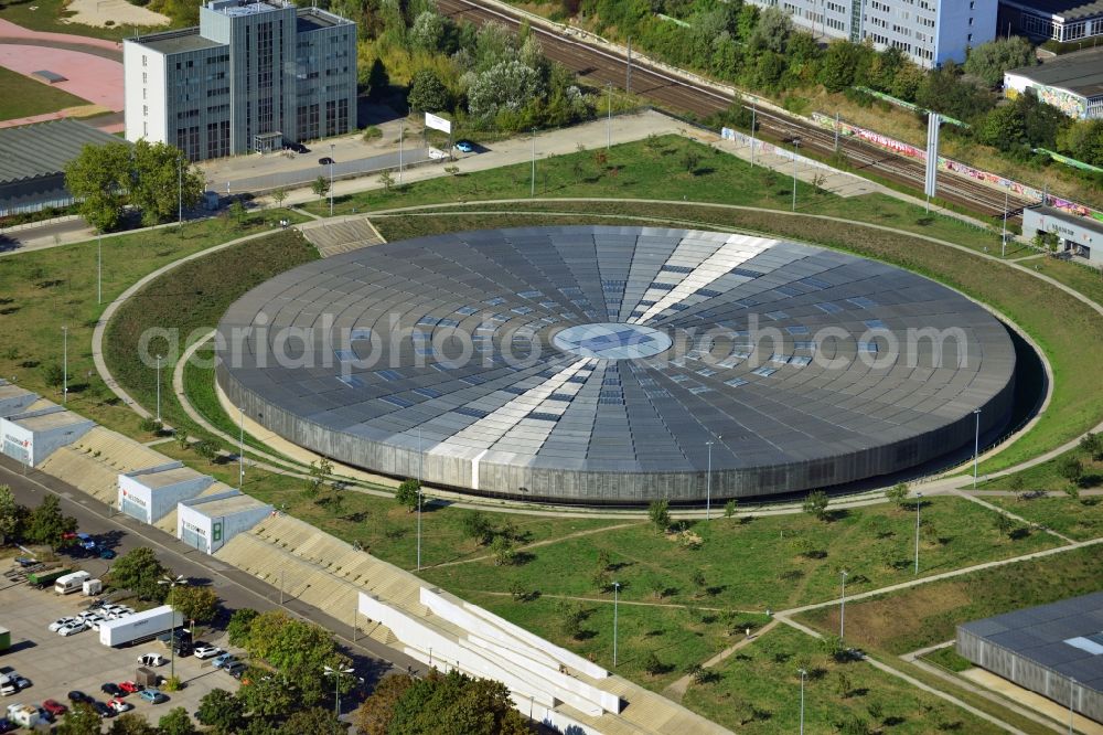 Berlin from above - View to the Velodrome at the Landsberger Allee in the Berlin district Prenzlauer Berg. The Velodrome is one of the largest event halls of Berlin and is used for sport events, concerts and other events