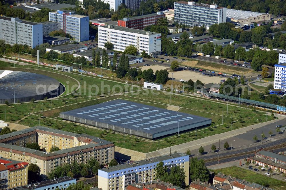 Berlin from above - View to the Velodrome at the Landsberger Allee in the Berlin district Prenzlauer Berg. The Velodrome is one of the largest event halls of Berlin and is used for sport events, concerts and other events