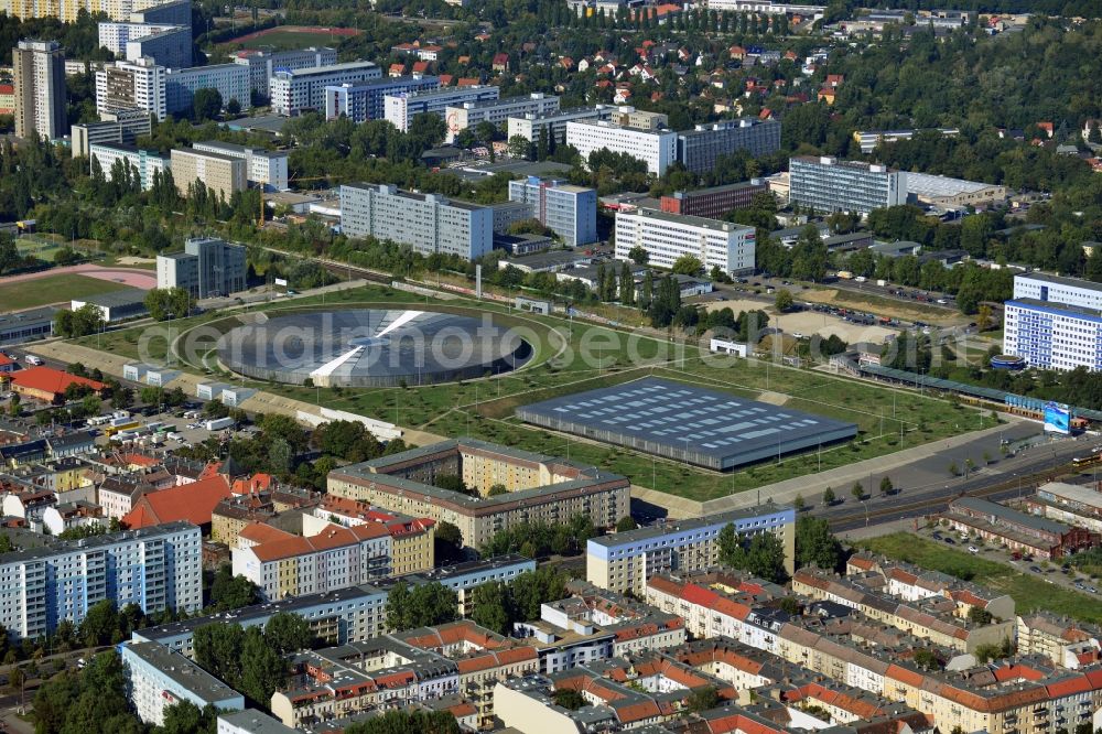 Berlin from the bird's eye view: View to the Velodrome at the Landsberger Allee in the Berlin district Prenzlauer Berg. The Velodrome is one of the largest event halls of Berlin and is used for sport events, concerts and other events