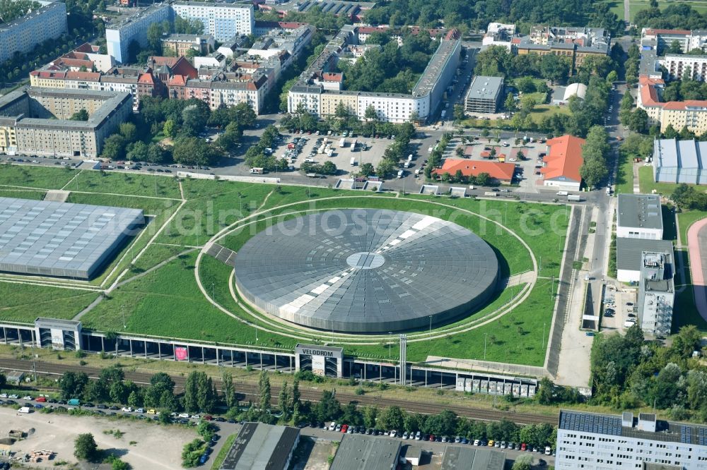 Berlin from the bird's eye view: View to the Velodrome at the Landsberger Allee in the Berlin district Prenzlauer Berg. The Velodrome is one of the largest event halls of Berlin and is used for sport events, concerts and other events