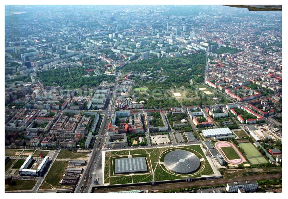 Berlin - Prenzlauer-Berg from the bird's eye view: Fertiggestelltes Velodrom an der Landsberger Allee in Berlin-Prenzlauer Berg. Errichtet durch die OSB-Sportstättenbau i.L.. Betreiber: Velomax Berlin Hallenbetriebs GmbH, Am Falkplatzm,10437 Berlin, Tel.: (0 30) 44 30 45 Fax: (0 30) 44 30 47 09, info@velomax.de