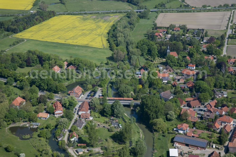 Aerial photograph Meinersen - Meinersen main street with Oker bridge and water mill