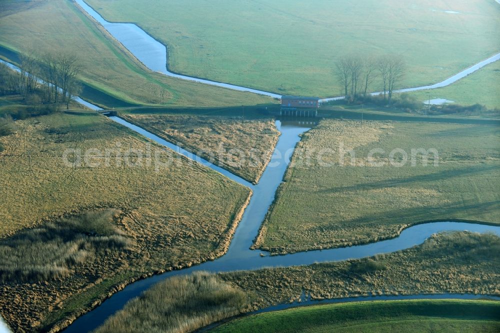 Amt Neuhaus from the bird's eye view: Irrigation and Melioration- channels on agricultural fields in Amt Neuhaus in the state Lower Saxony, Germany