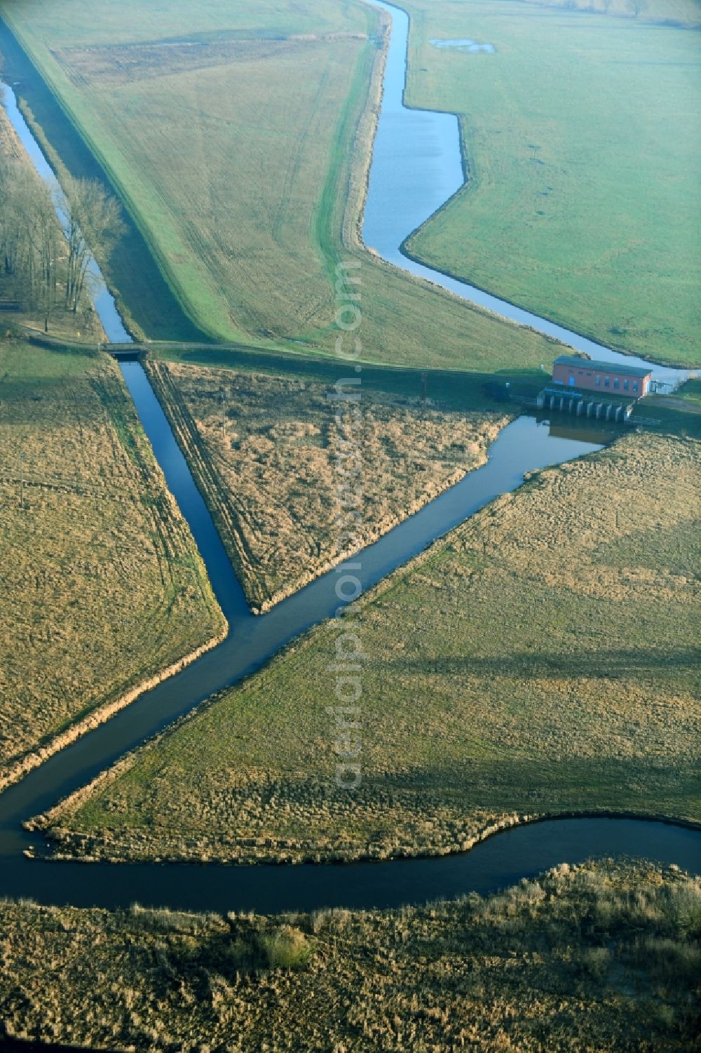 Amt Neuhaus from the bird's eye view: Irrigation and Melioration- channels on agricultural fields in Amt Neuhaus in the state Lower Saxony, Germany