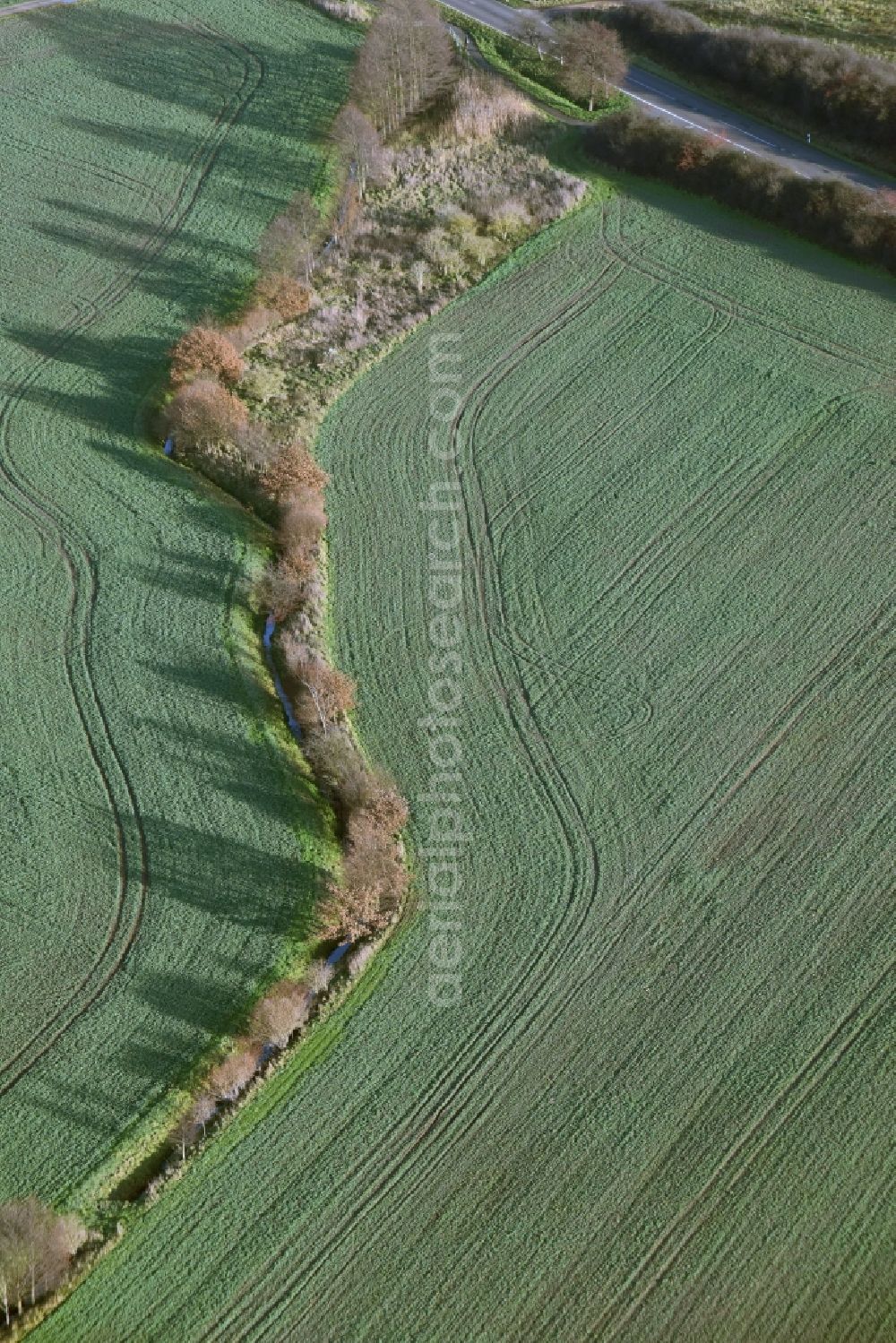 Aerial image Jacobsdorf - Irrigation and Melioration- channels on agricultural fields in Pillgram in the state Brandenburg