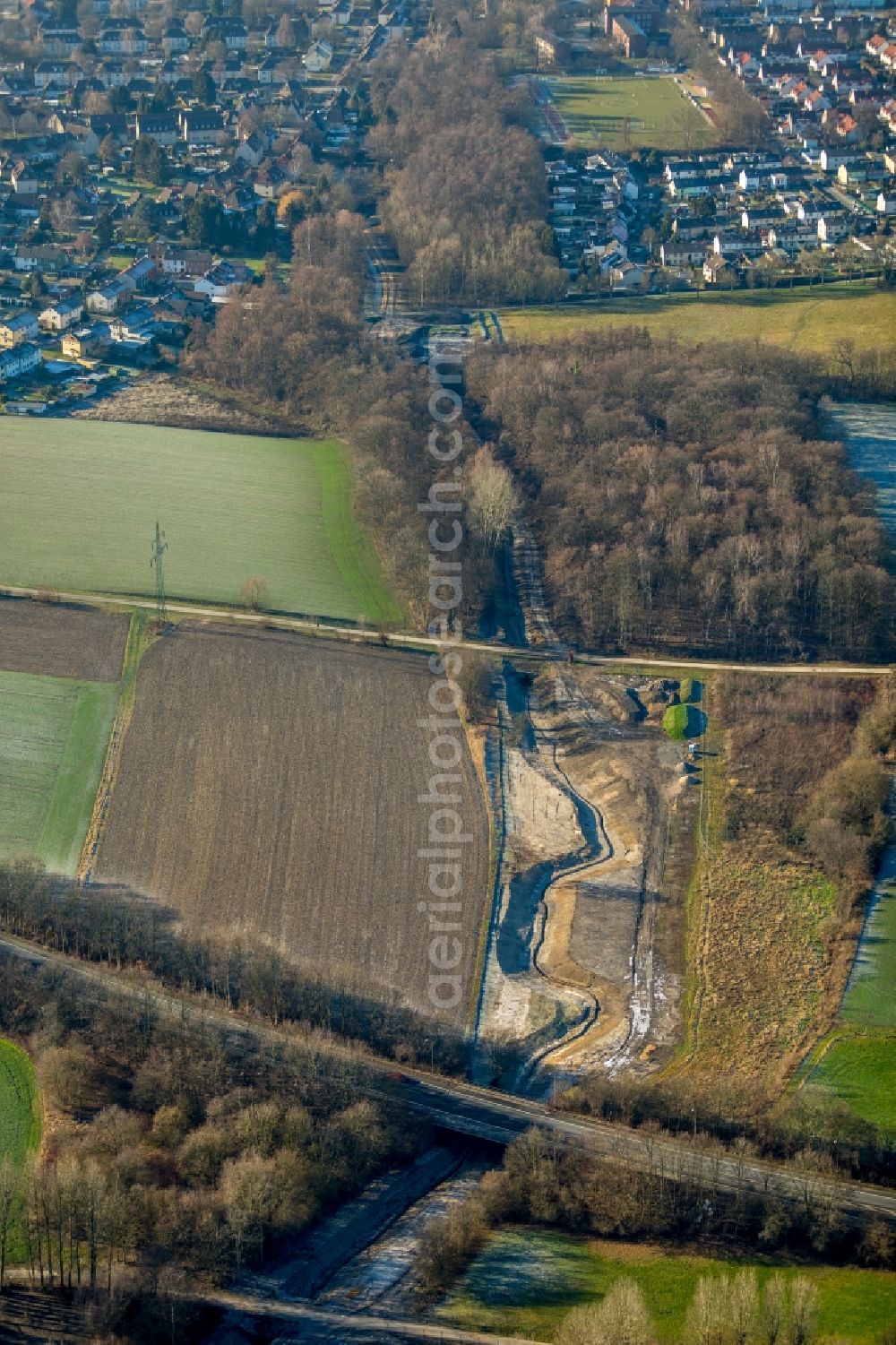 Aerial image Dortmund - Irrigation and Melioration- channel of Kirchderner Graben on agricultural fields in the district Kirchderne in Dortmund in the state North Rhine-Westphalia, Germany