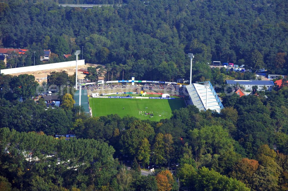 Meppen from the bird's eye view: Die MEP-Arena in Meppen Niedersachsen, benannt nach dem Sponsor Meppener-Einkaufs-Passage, ist ein reines Fußballstadion und ist die Heimspielstätte des SV Meppen. The MEP-Arena in Meppen Lower saxony, named by the sponsor Meppener Einkaufs Passage, is a football stadium and the home ground of the SV Meppen.