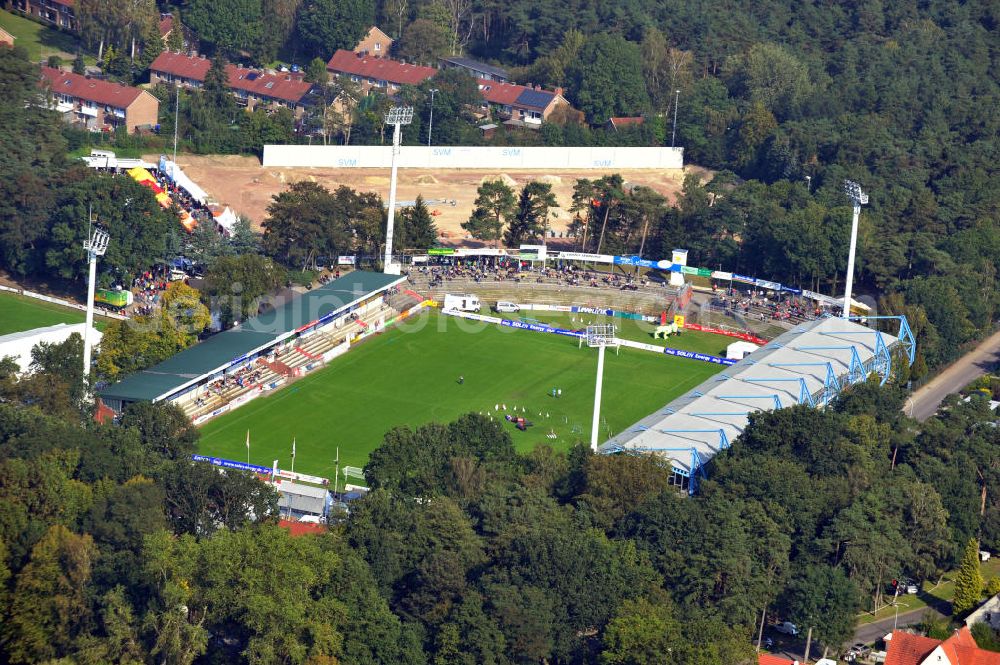 Aerial image Meppen - Die MEP-Arena in Meppen Niedersachsen, benannt nach dem Sponsor Meppener-Einkaufs-Passage, ist ein reines Fußballstadion und ist die Heimspielstätte des SV Meppen. The MEP-Arena in Meppen Lower saxony, named by the sponsor Meppener Einkaufs Passage, is a football stadium and the home ground of the SV Meppen.