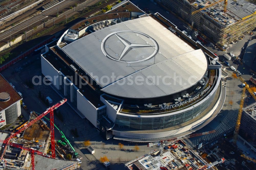 Berlin from above - Arena Mercedes-Benz-Arena on Friedrichshain part of Berlin. The former O2 World - now Mercedes-Benz-Arena - is located in the Anschutz Areal, a business and office space on the riverbank